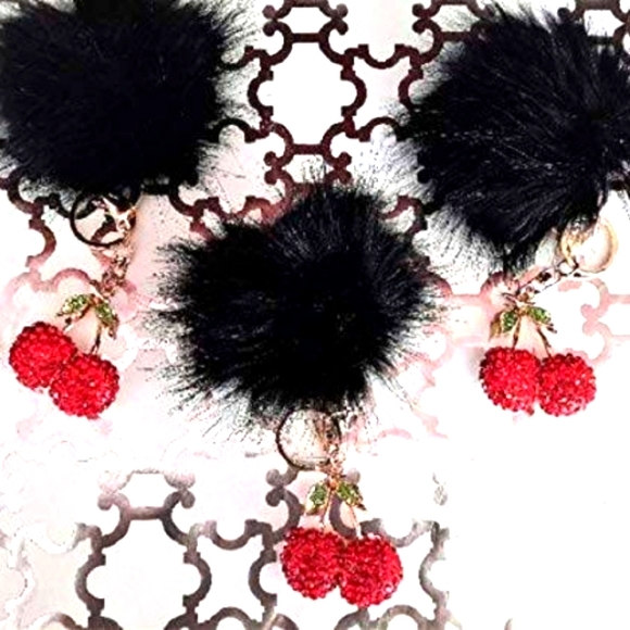 Crystal Cherries Bag Charm Key Chain Red w Black Faux Mink Black Pom - Picture 6 of 14